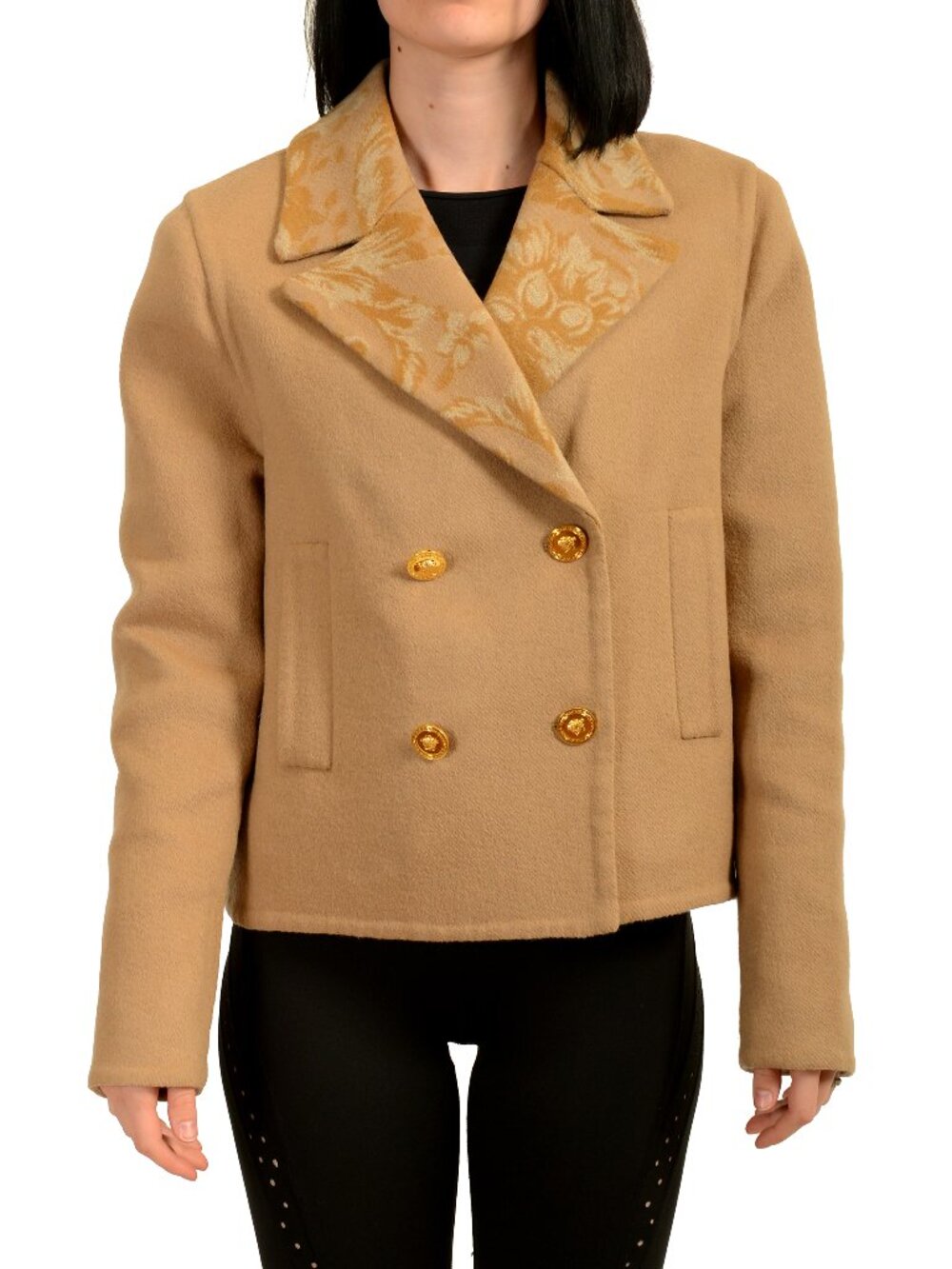 Versace Women's Beige Wool Cashmere Double Breasted Coat Peacoat US M IT 42